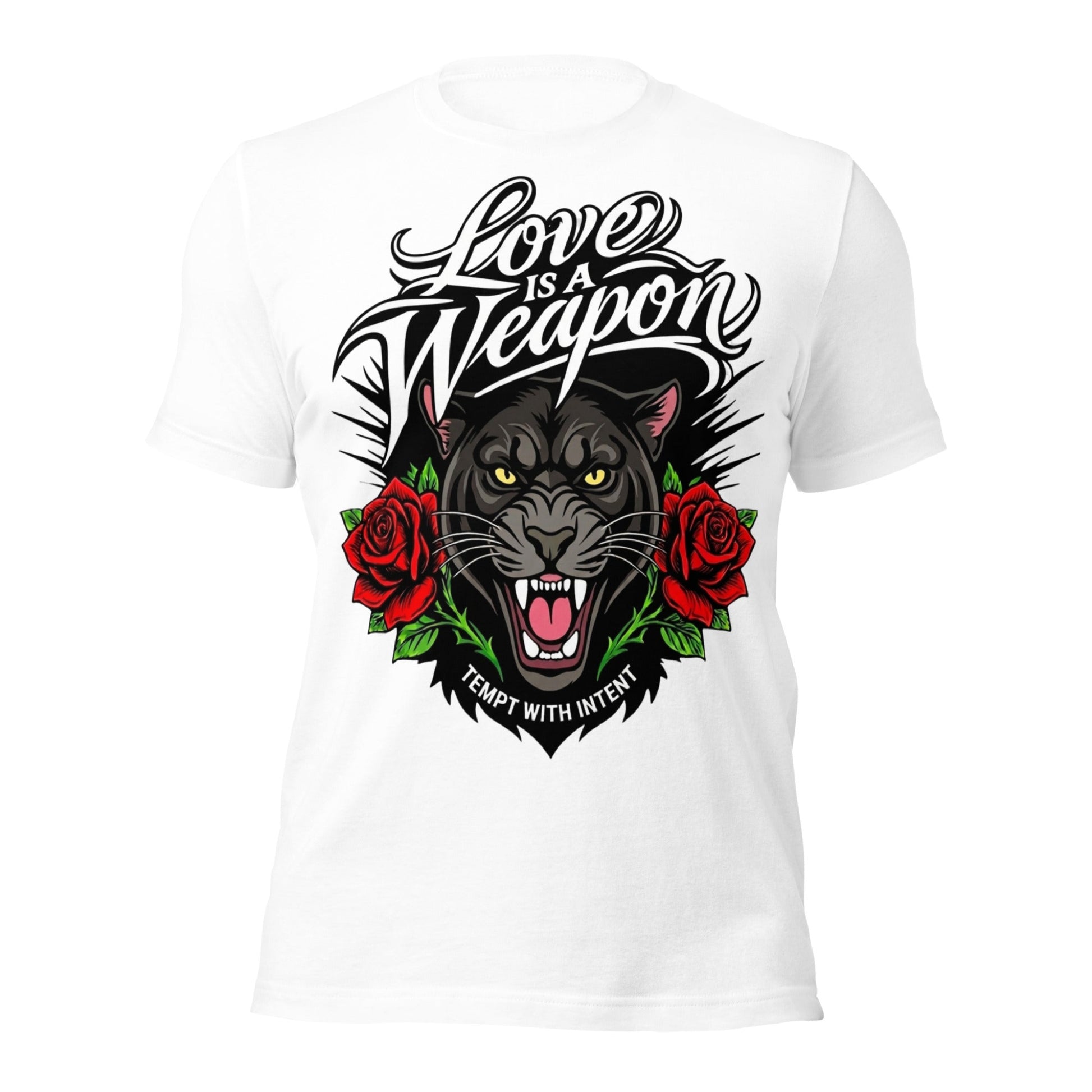 White t-shirt with a black panther graphic and text 'Love is a Weapon' on a white background