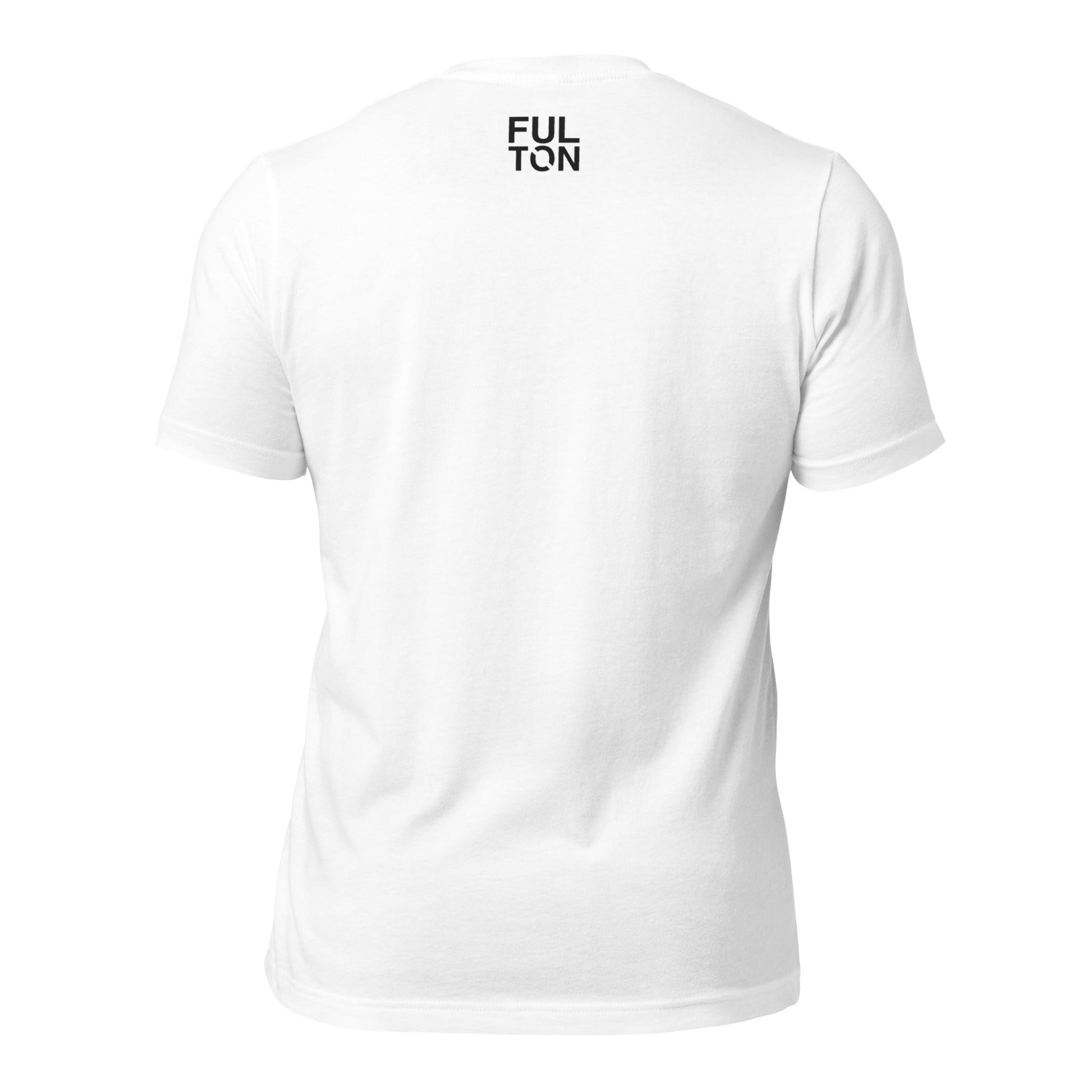 White t-shirt with a small black FULTON logo on a white background