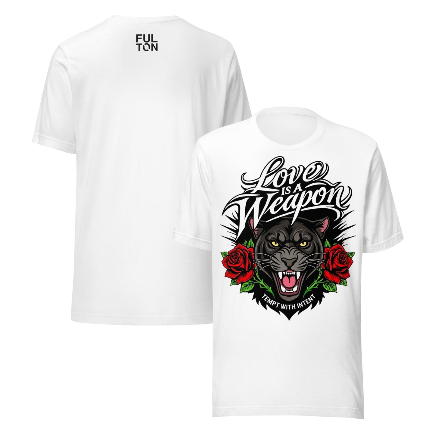 White t-shirt with black panther design and text on a white background