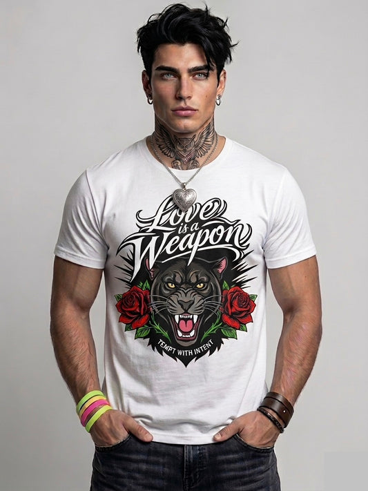 Man wearing a white t-shirt with a graphic design featuring a panther and roses, text 'Love is a Weapon', on a plain background.