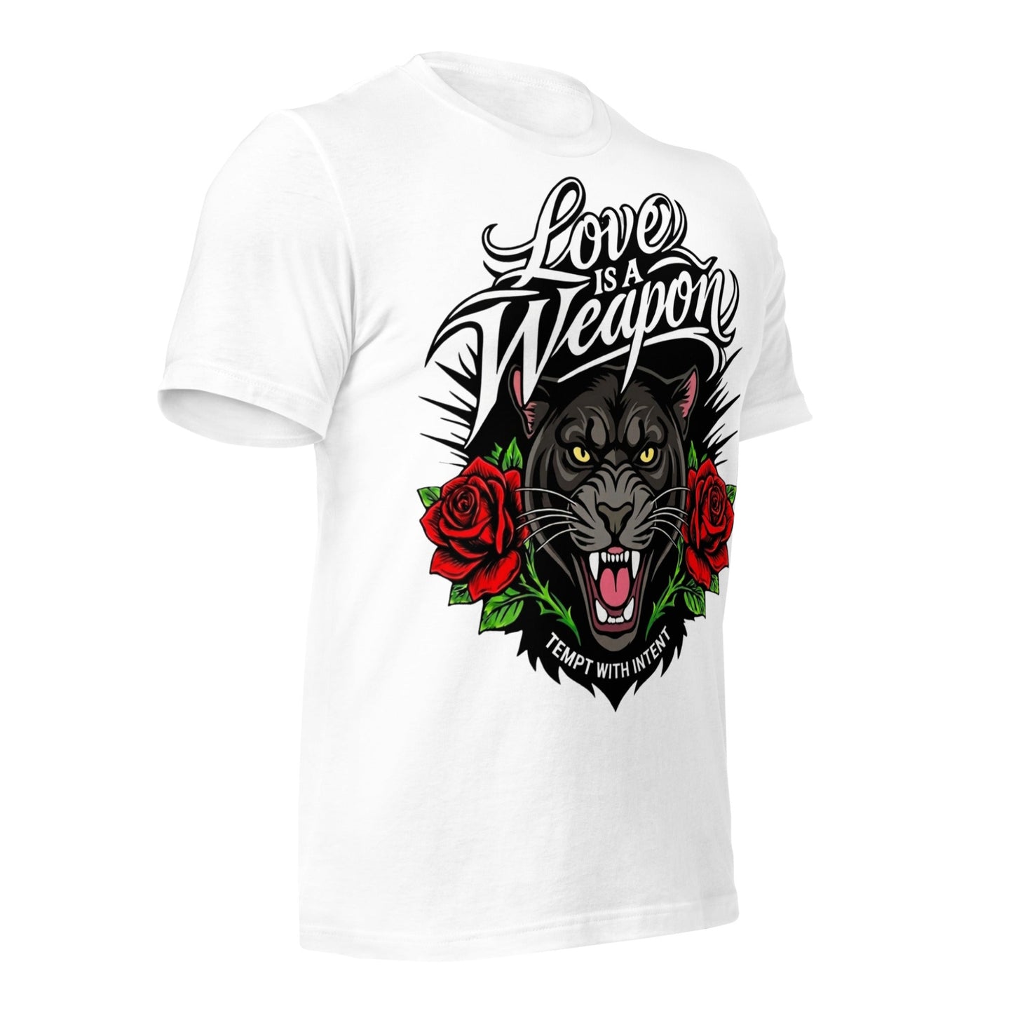 White t-shirt with a black panther graphic and 'Love is a Weapon' text on a white background