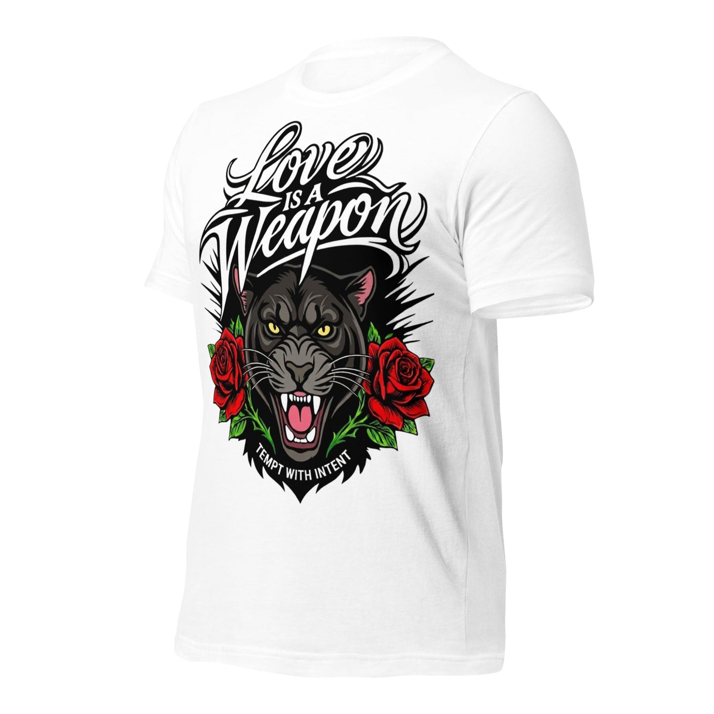 White t-shirt with a black panther graphic and text on a white background