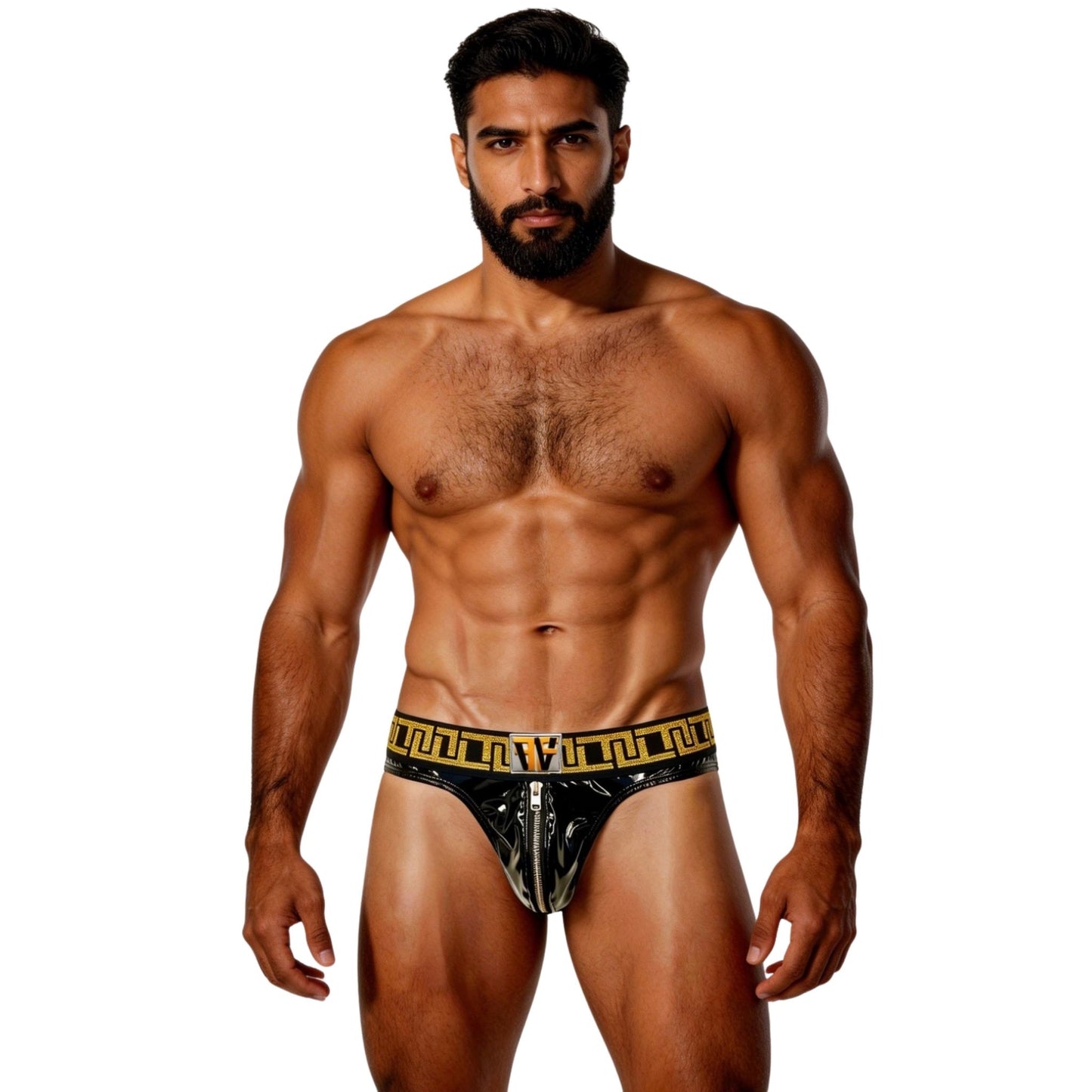 Man wearing black underwear with gold accents on a white background