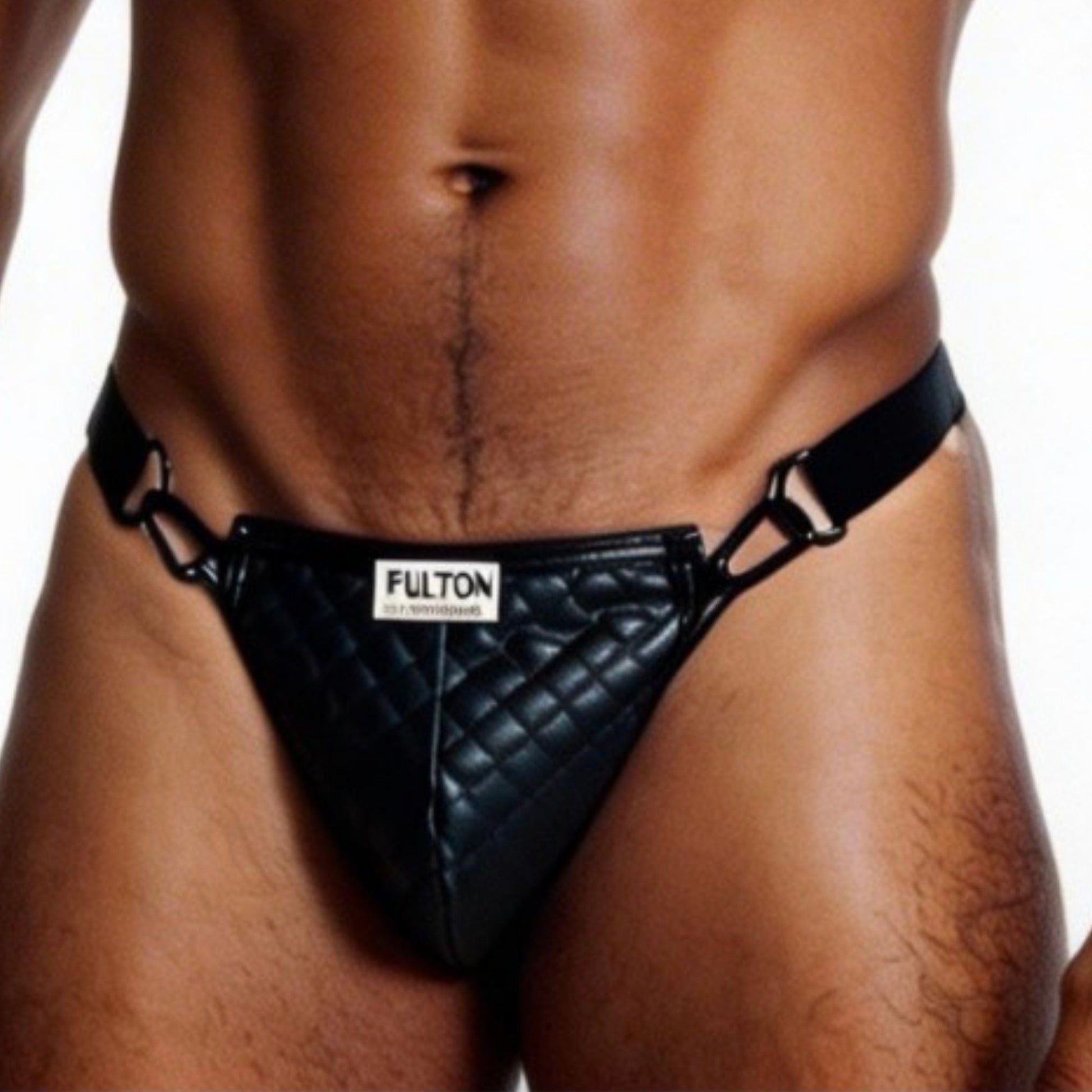 Black quilted men's underwear with 'Fulton' branding on a white background close up