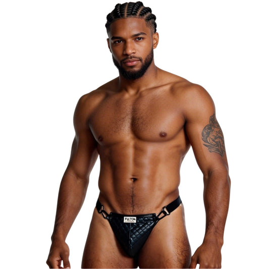 Man wearing black men's underwear with a visible fulton brand logo on a white background