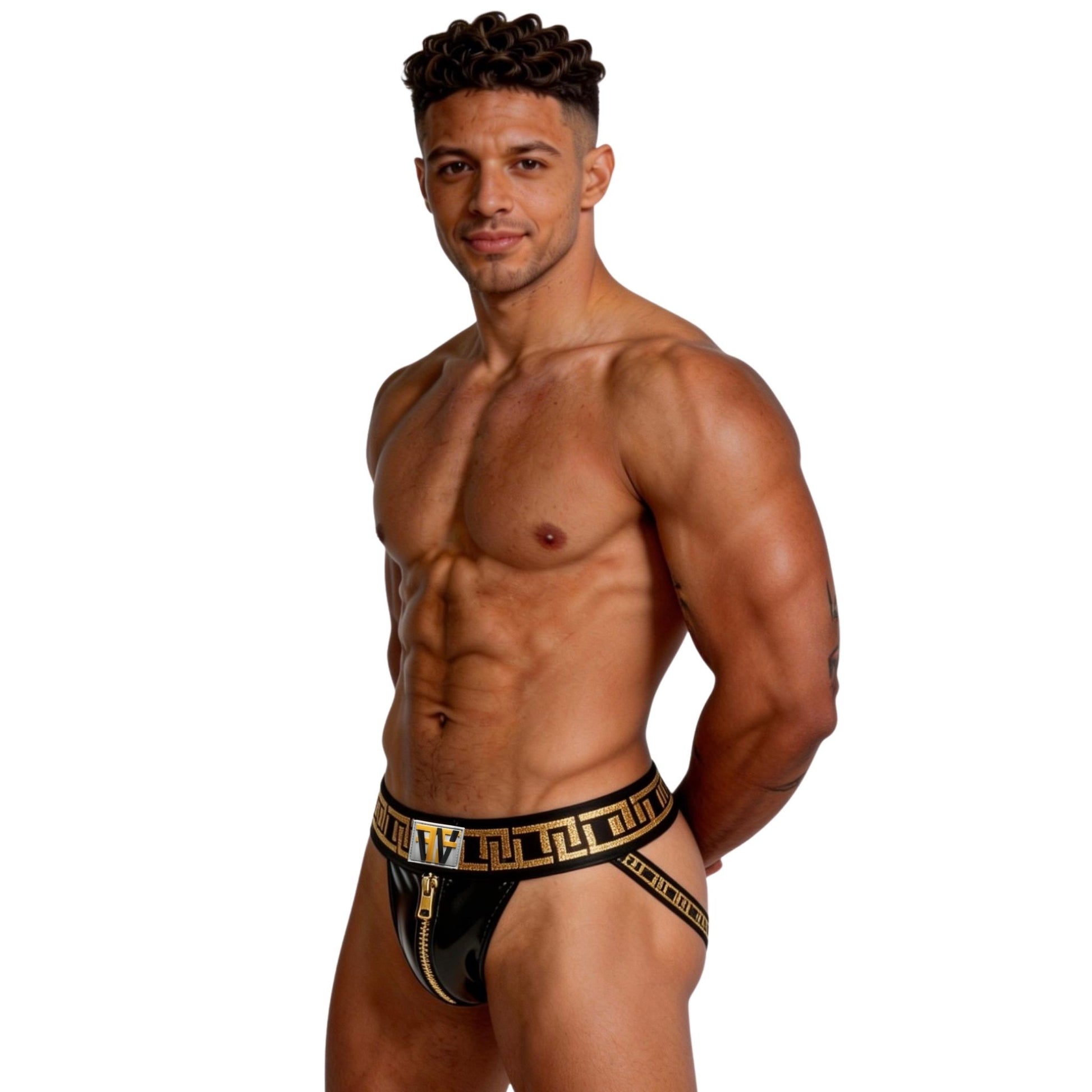 Man wearing a black and gold men's underwear set on a white background