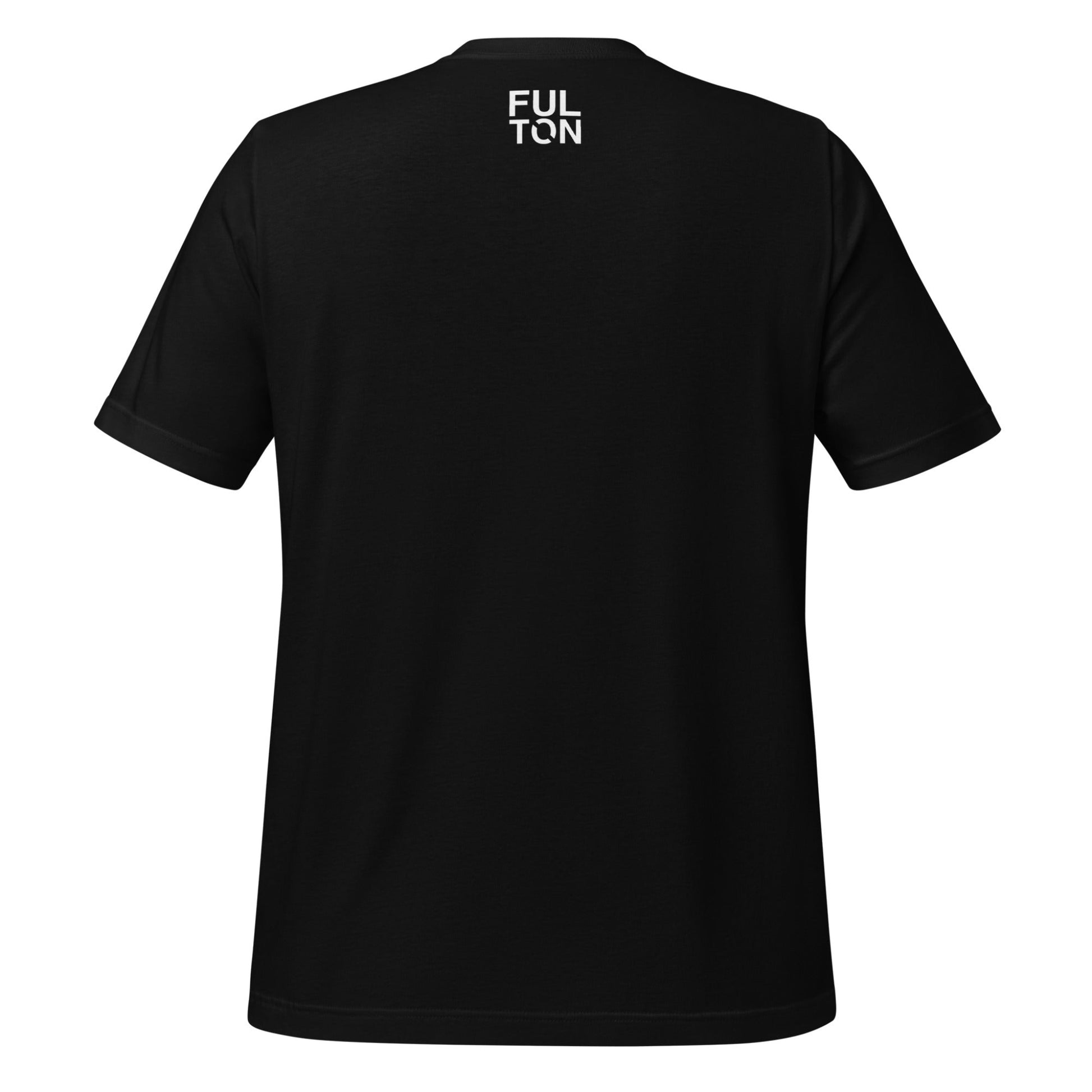 Black t-shirt with a FULTON  logo on the back against a white background