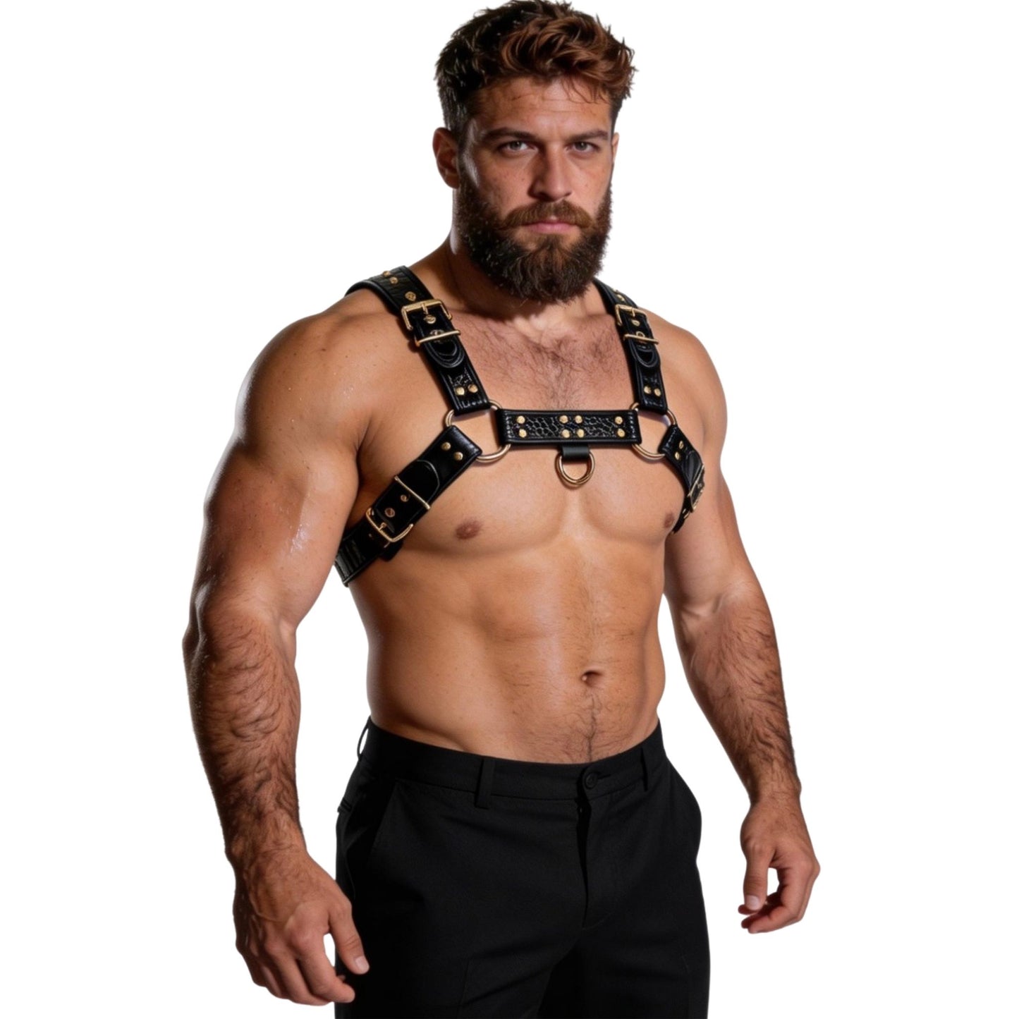 Man wearing a black crocodile leather harness on a white background
