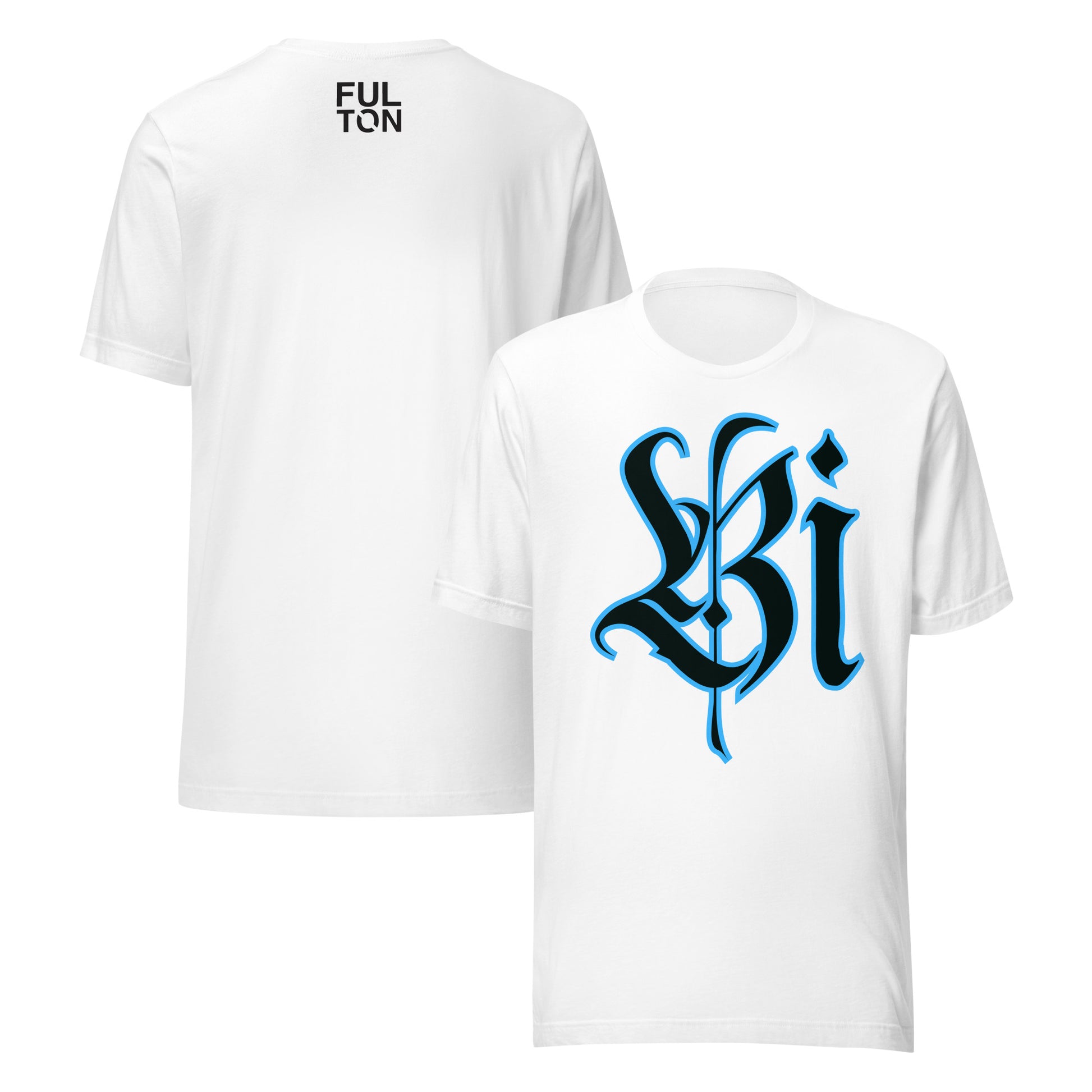 White t-shirt with blue and black text design on a white background