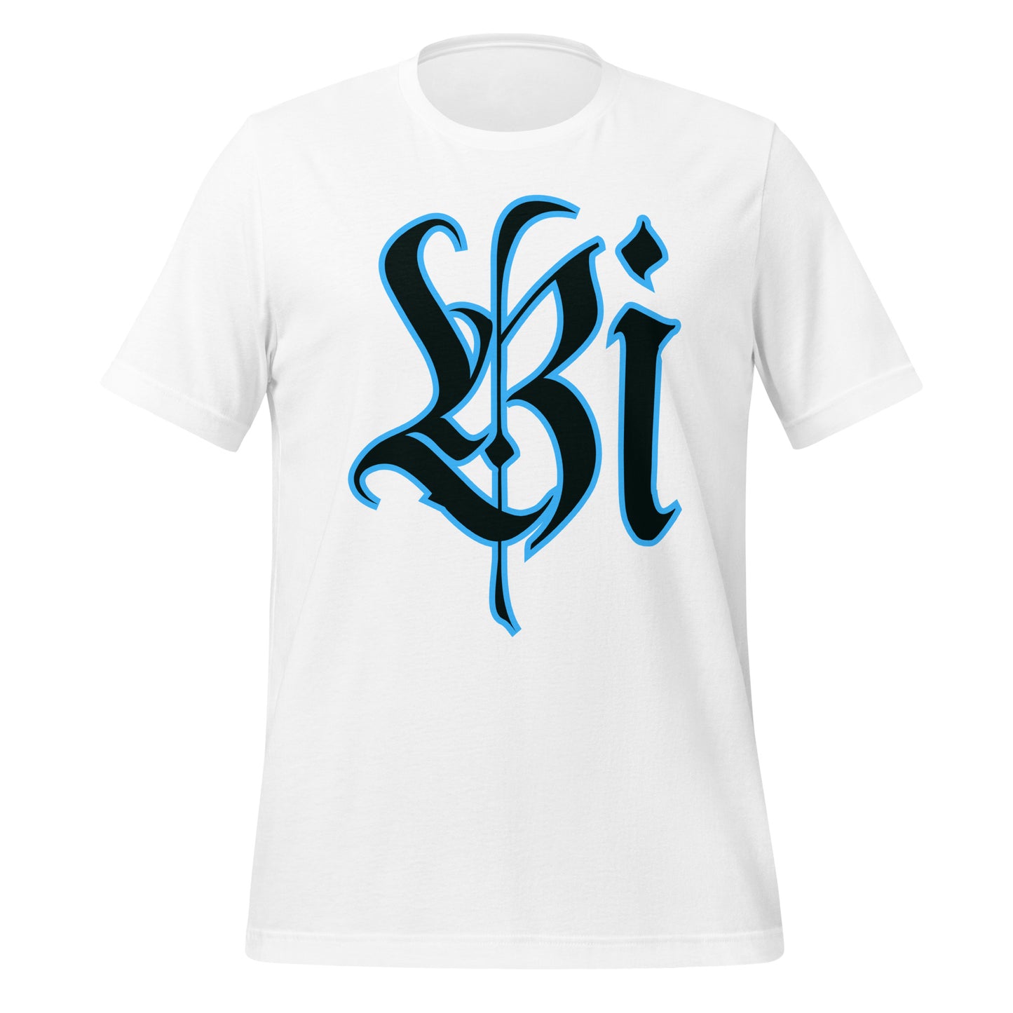 White t-shirt with blue 'Bi' text design on a white background