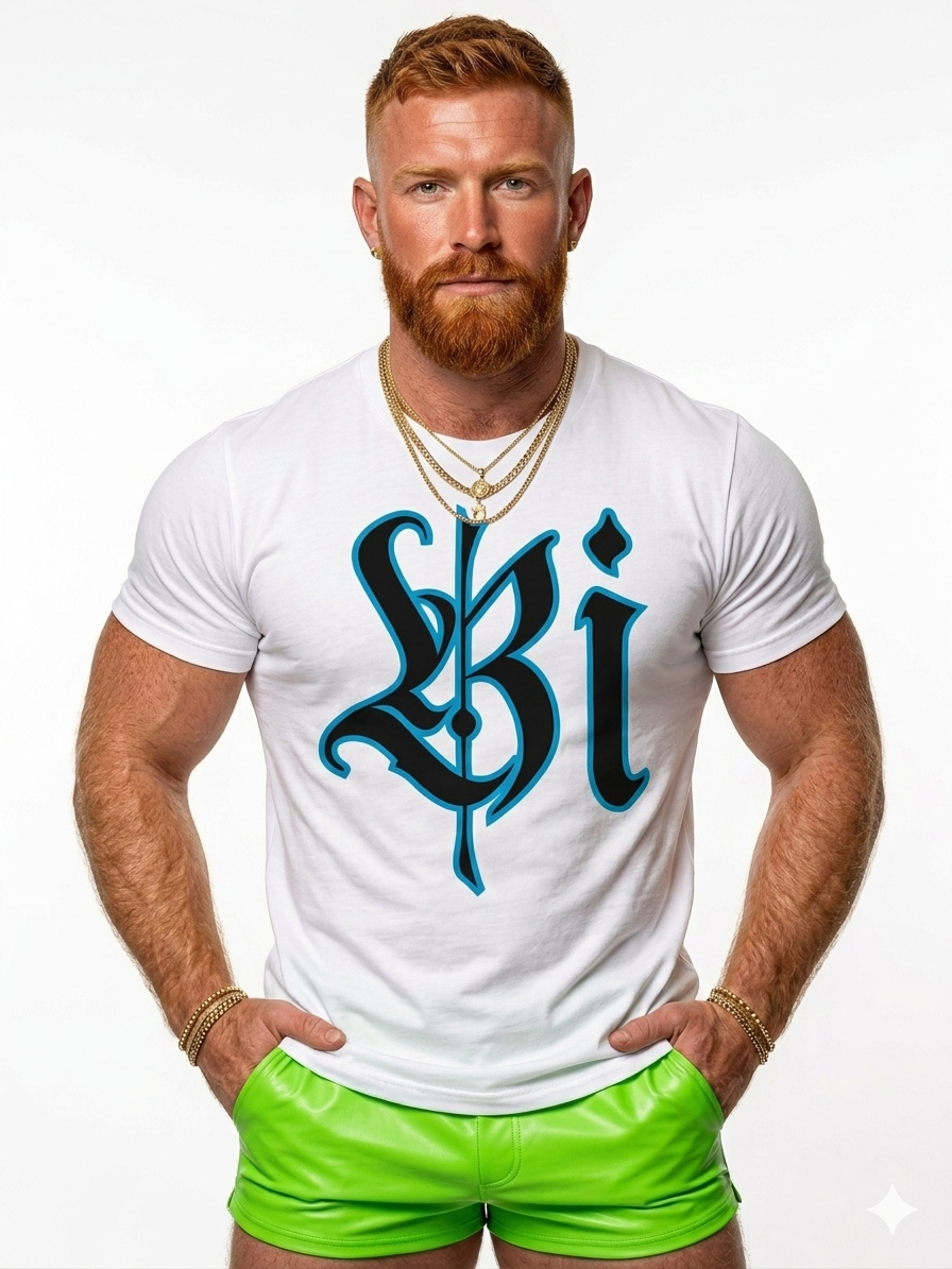 Man wearing a white t-shirt with a blue and black design and green shorts on a white background