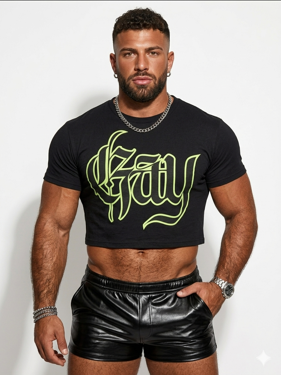 Man wearing a black t-shirt with green text and black shorts on a white background
