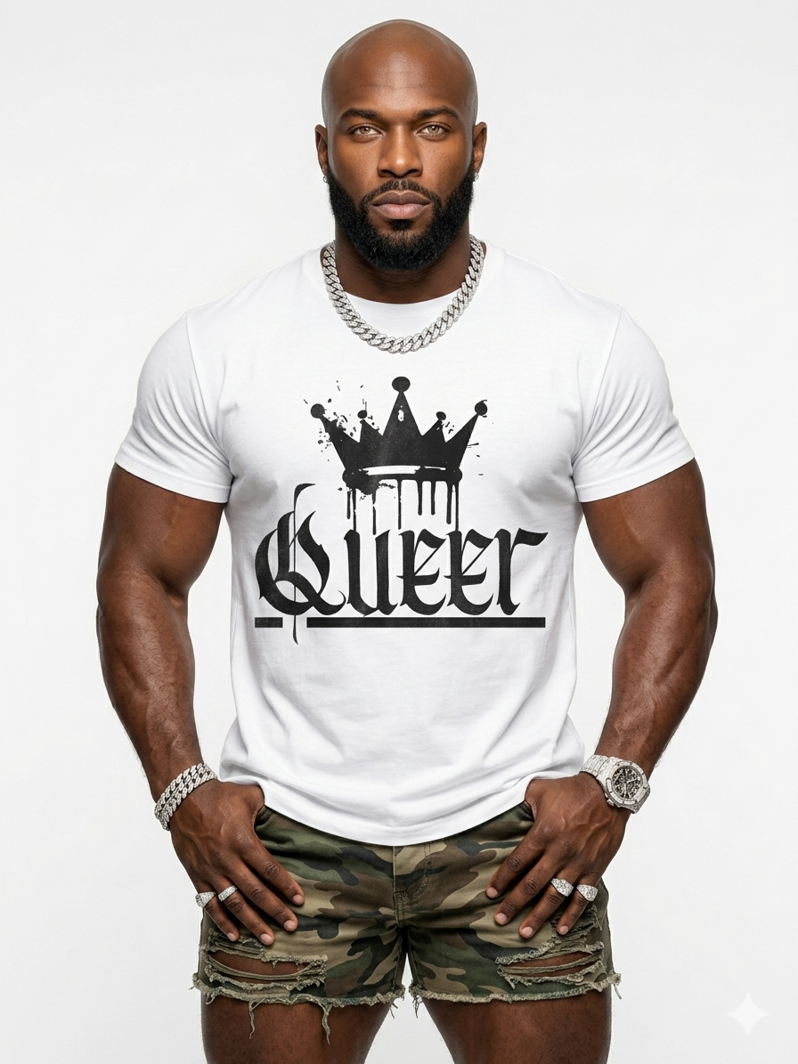 Man wearing a white t-shirt with 'Queer' printed on it against a white background