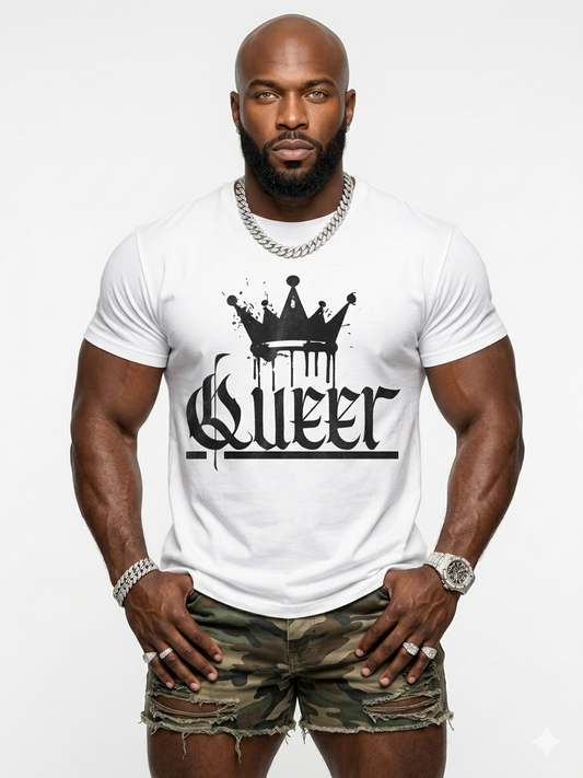 Man wearing a white t-shirt with 'Queer' printed on it against a white background