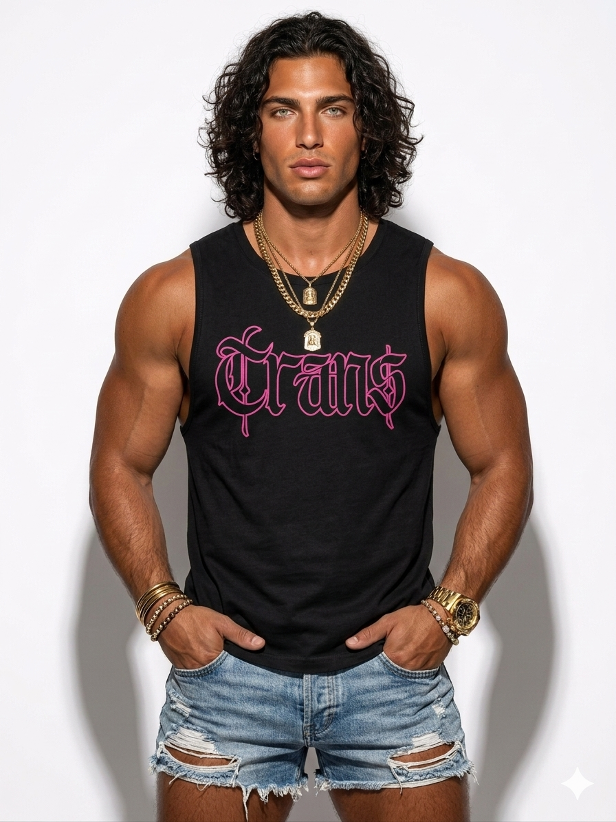 Man wearing a black tank top with pink text and denim shorts on a white background