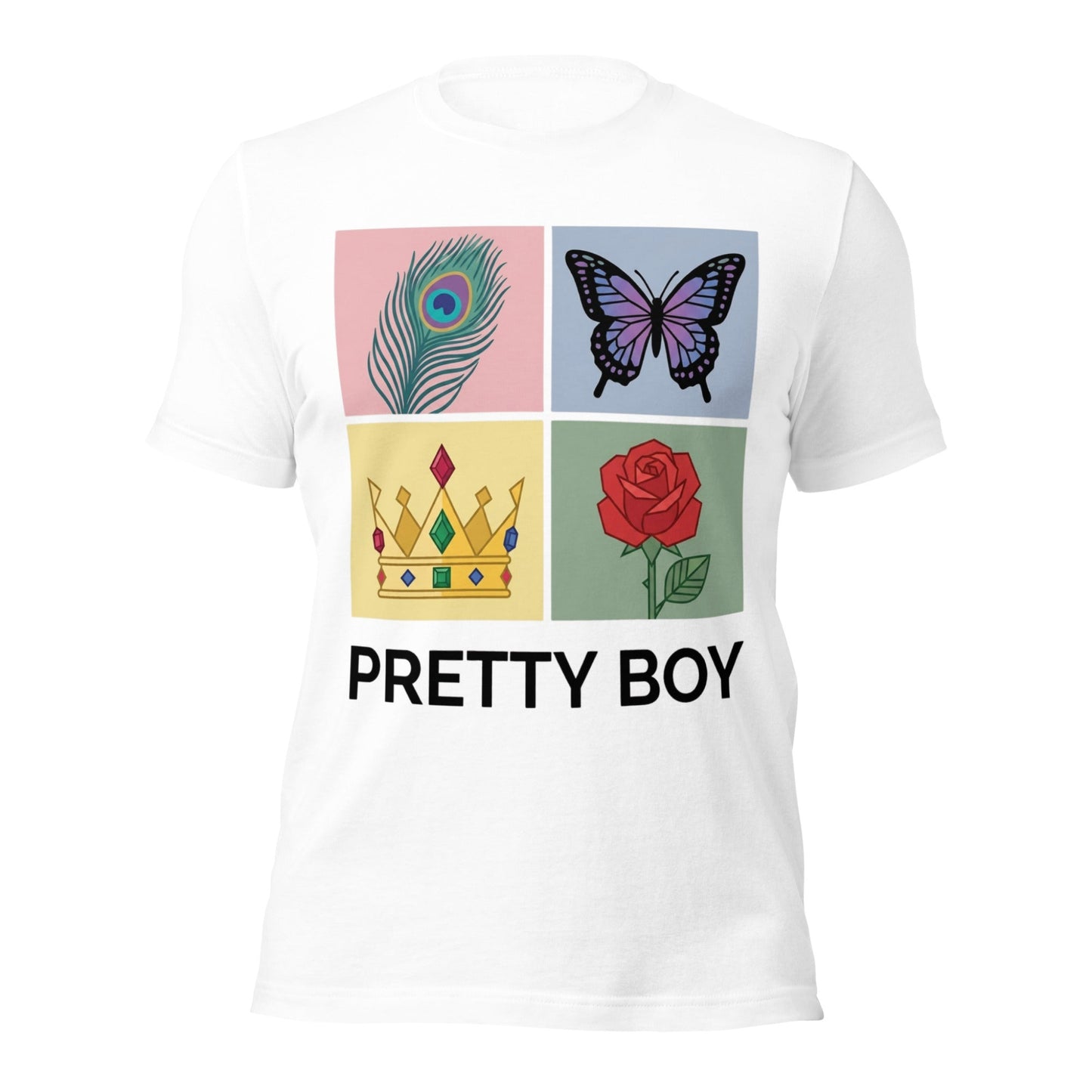 White t-shirt with colorful graphic design and 'Pretty Boy' text on a white background