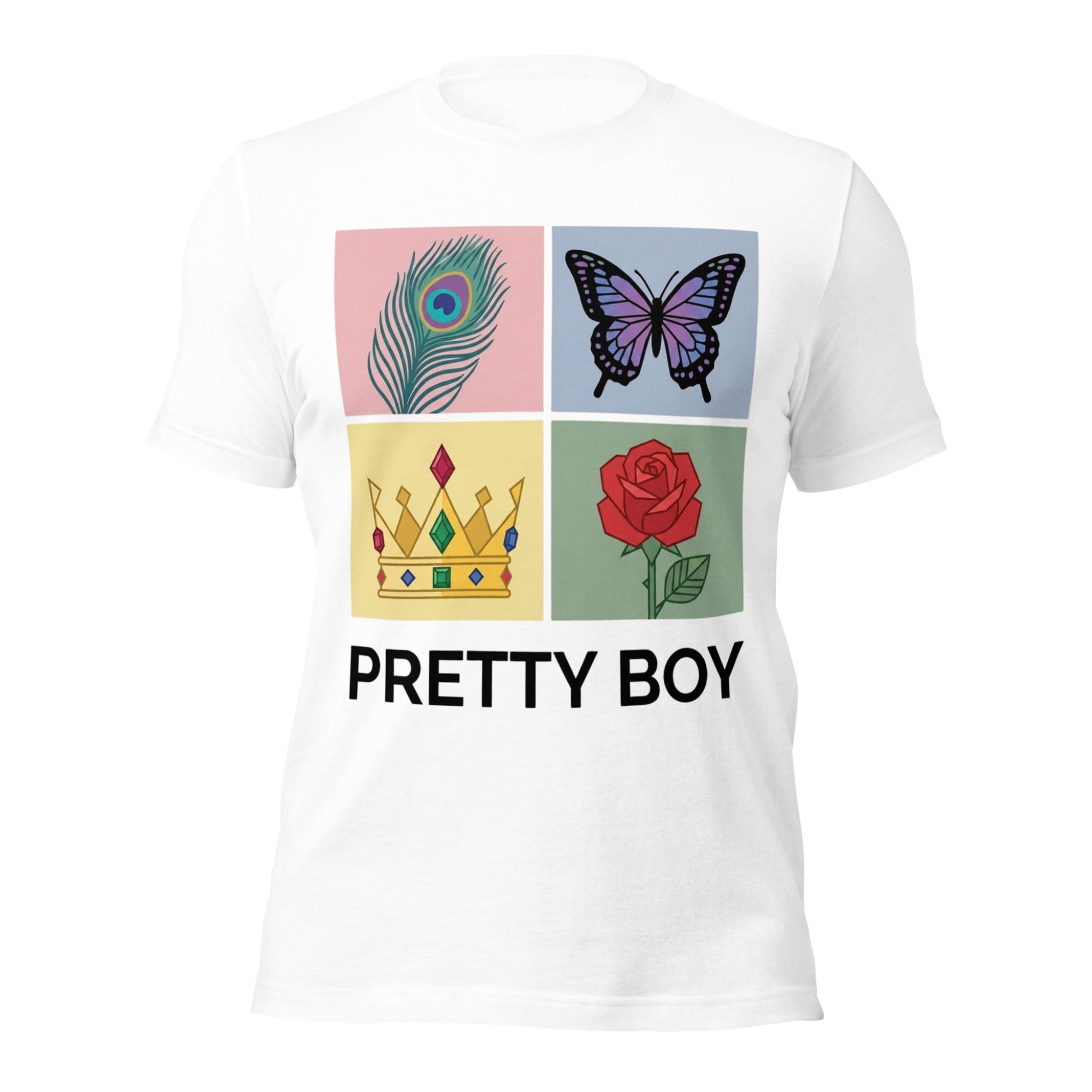 White t-shirt with colorful graphic design and 'Pretty Boy' text on a white background
