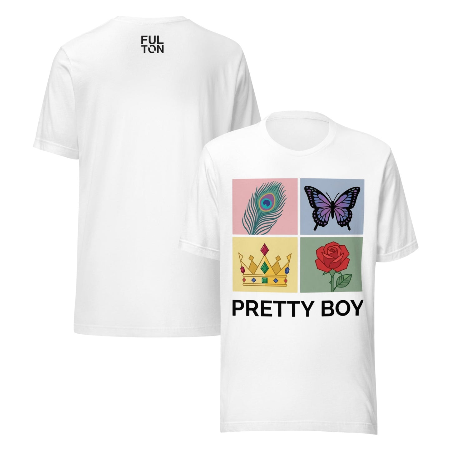 White t-shirt with graphic design and text on a white background