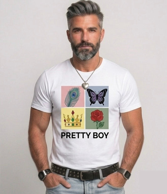 Man wearing a white t-shirt with graphic designs and text on a plain background