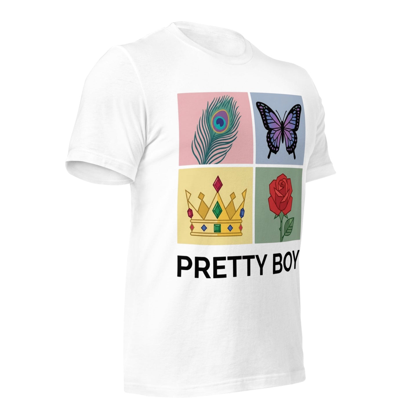 White t-shirt with colorful graphic design and 'PRETTY BOY' text on a white background