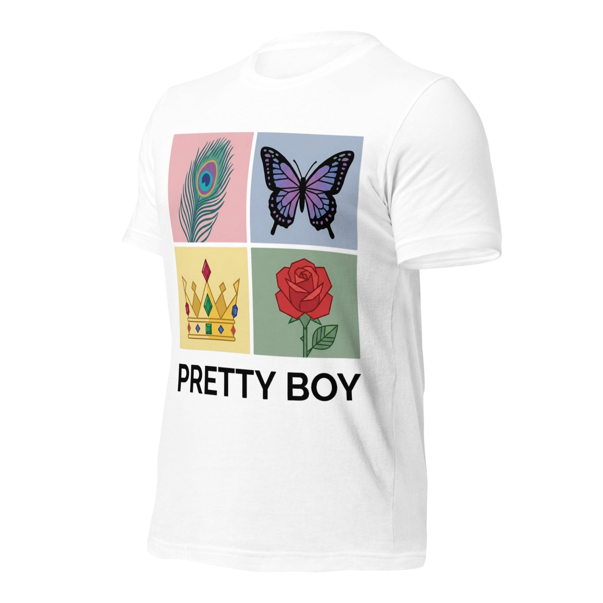 White t-shirt with colorful graphics and 'PRETTY BOY' text on a white background