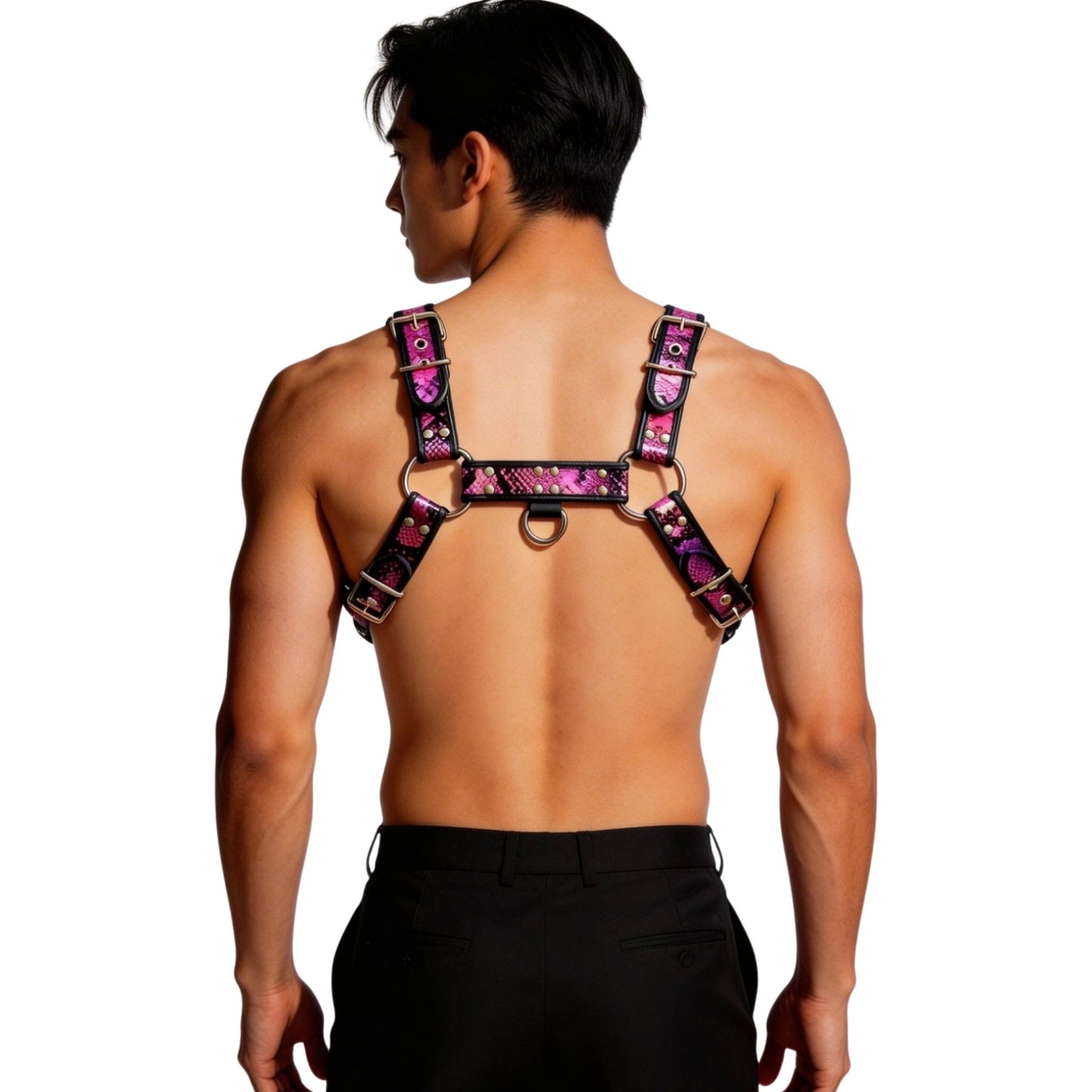 Man wearing a pink purple and black harness on a white background