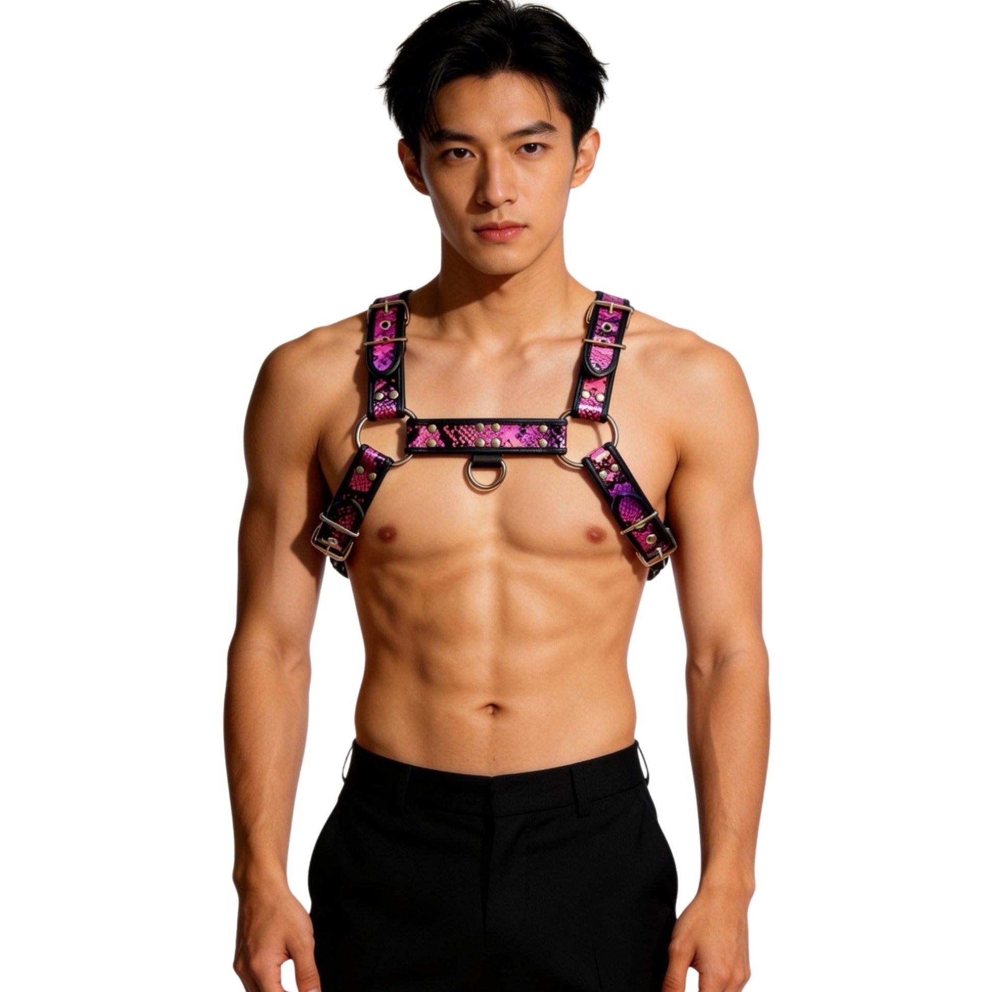 Man wearing a pink purple and black harness on a white background
