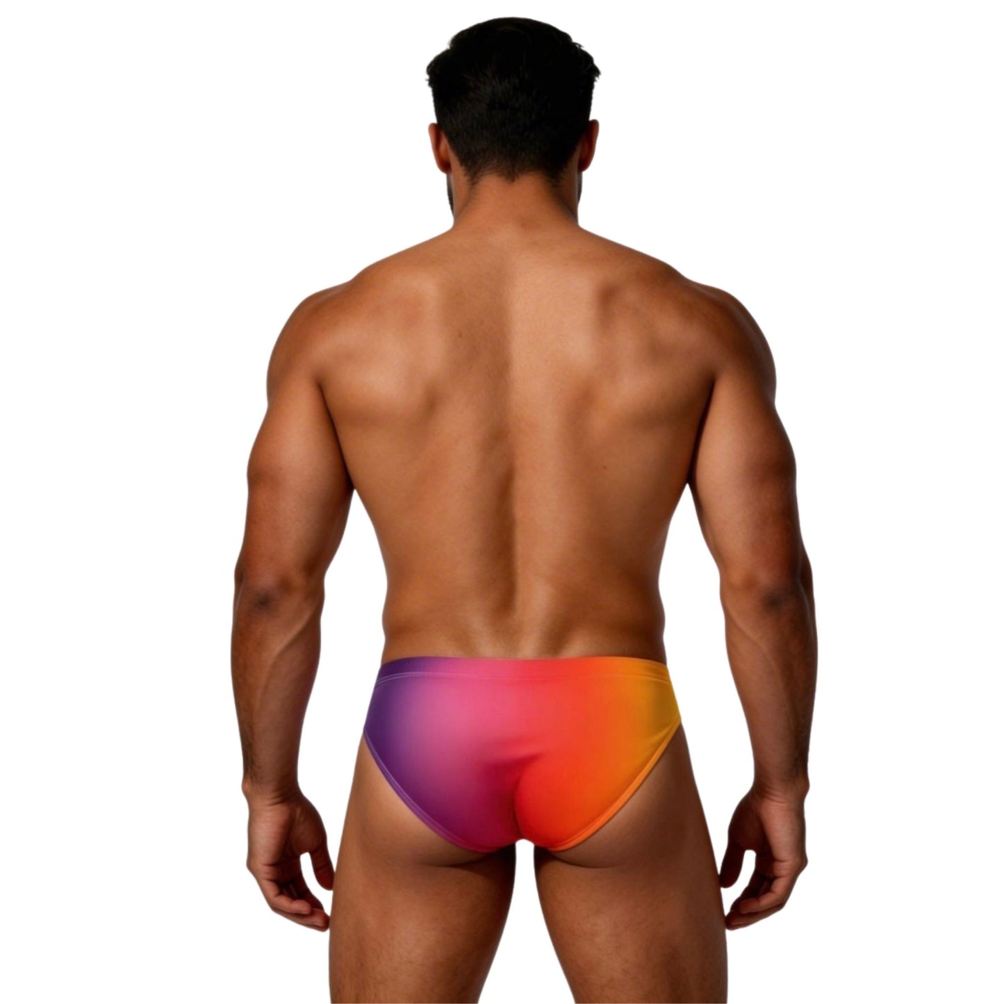 Man wearing colorful bottoms on a white background back view