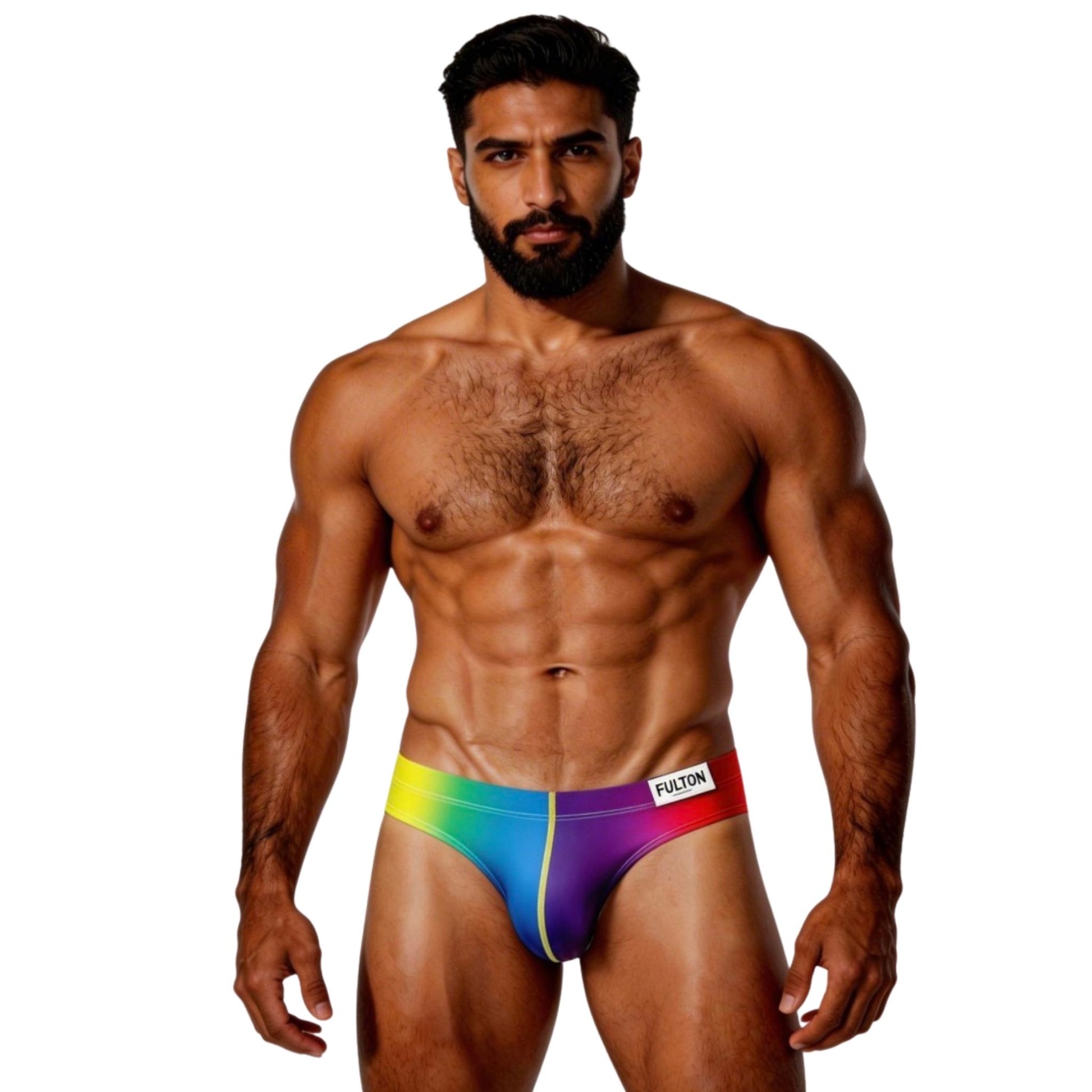 Man wearing a colorful rainbow bottoms with 'Fulton' branding on a white background