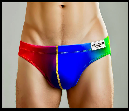 Spectrum Pride men's brief underwear in rainbow colors - front view showing comfortable fit
