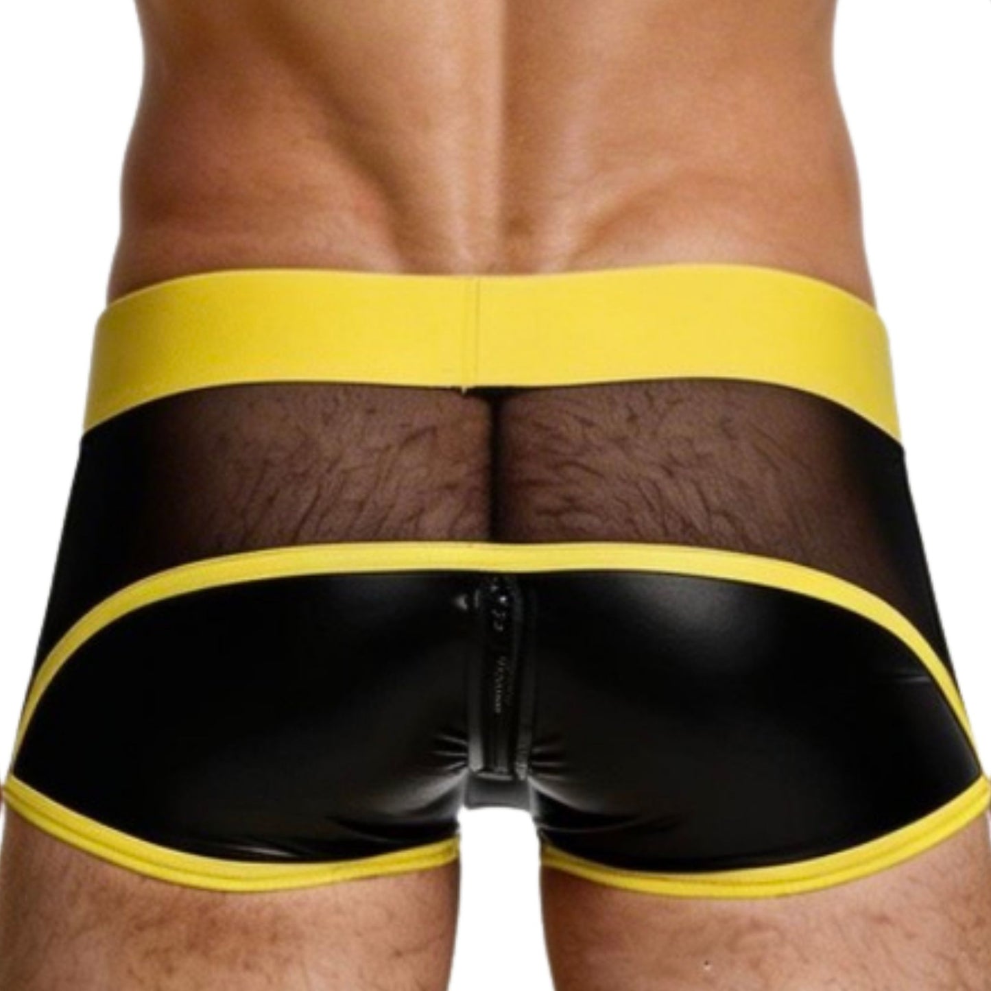 Black underwear with yellow waistband and sides with a rear zipper on a white background
