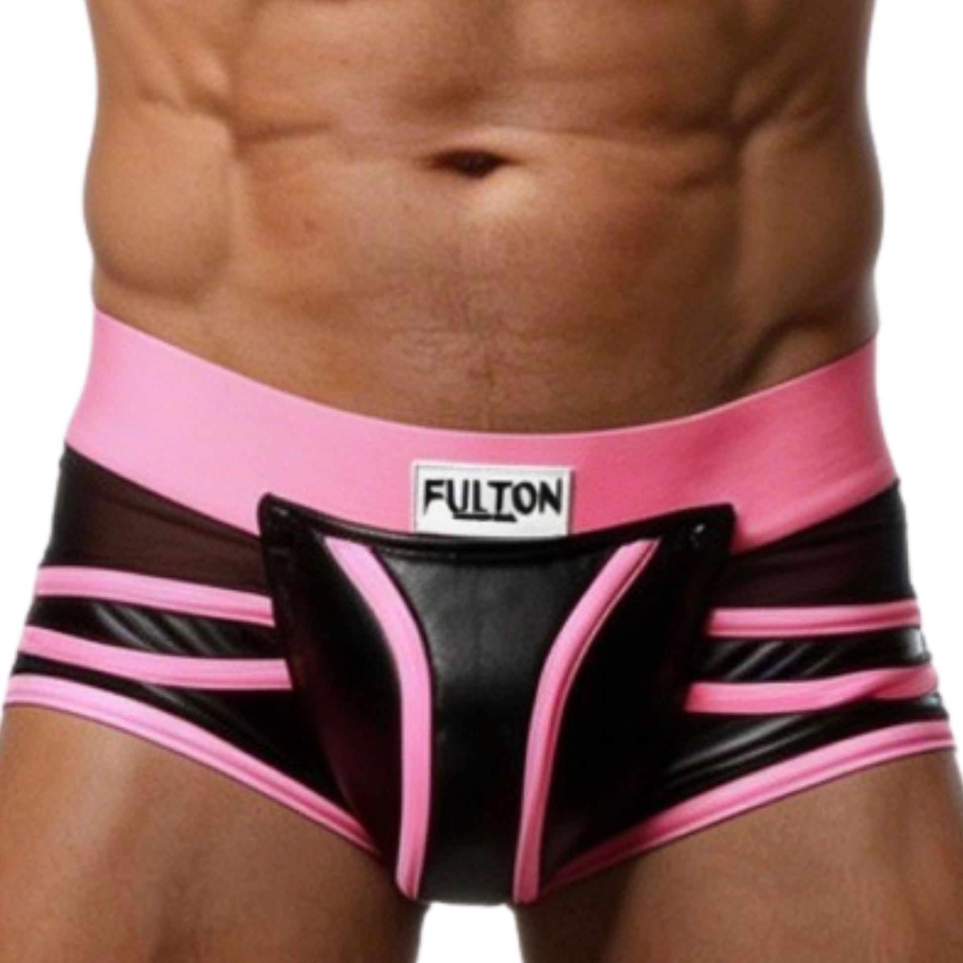 Pink and black men's underwear with 'Fulton' branding and detachable front pouch  on a white background