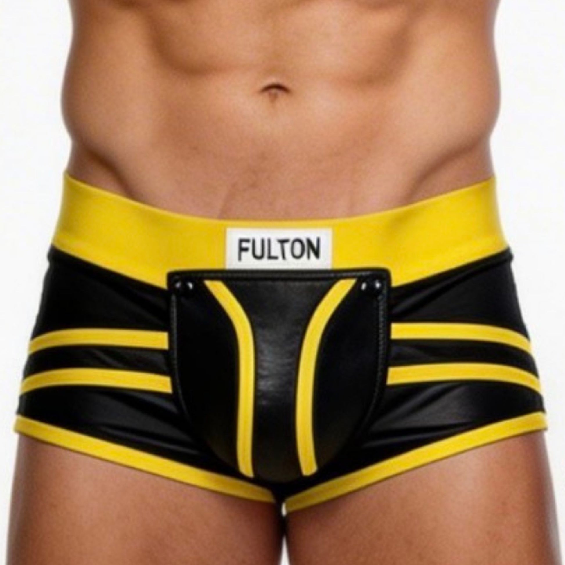 Black and yellow striped underwear with 'FULTON' branding on a white background