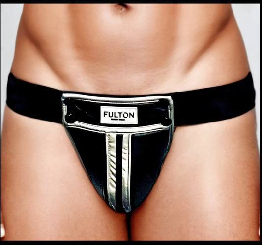 The Midnight Chrome Rebel Jockstrap in sleek chrome finish - front view - Fulton Fetish Wear lifestyle/Model Image: 