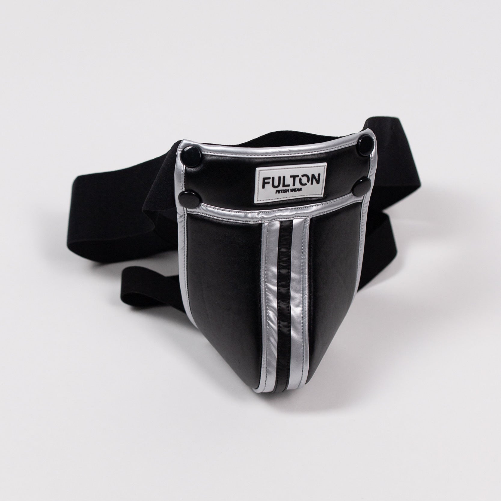 The Midnight Chrome Rebel Jockstrap in sleek chrome finish - side front view - Fulton Fetish Wear"
