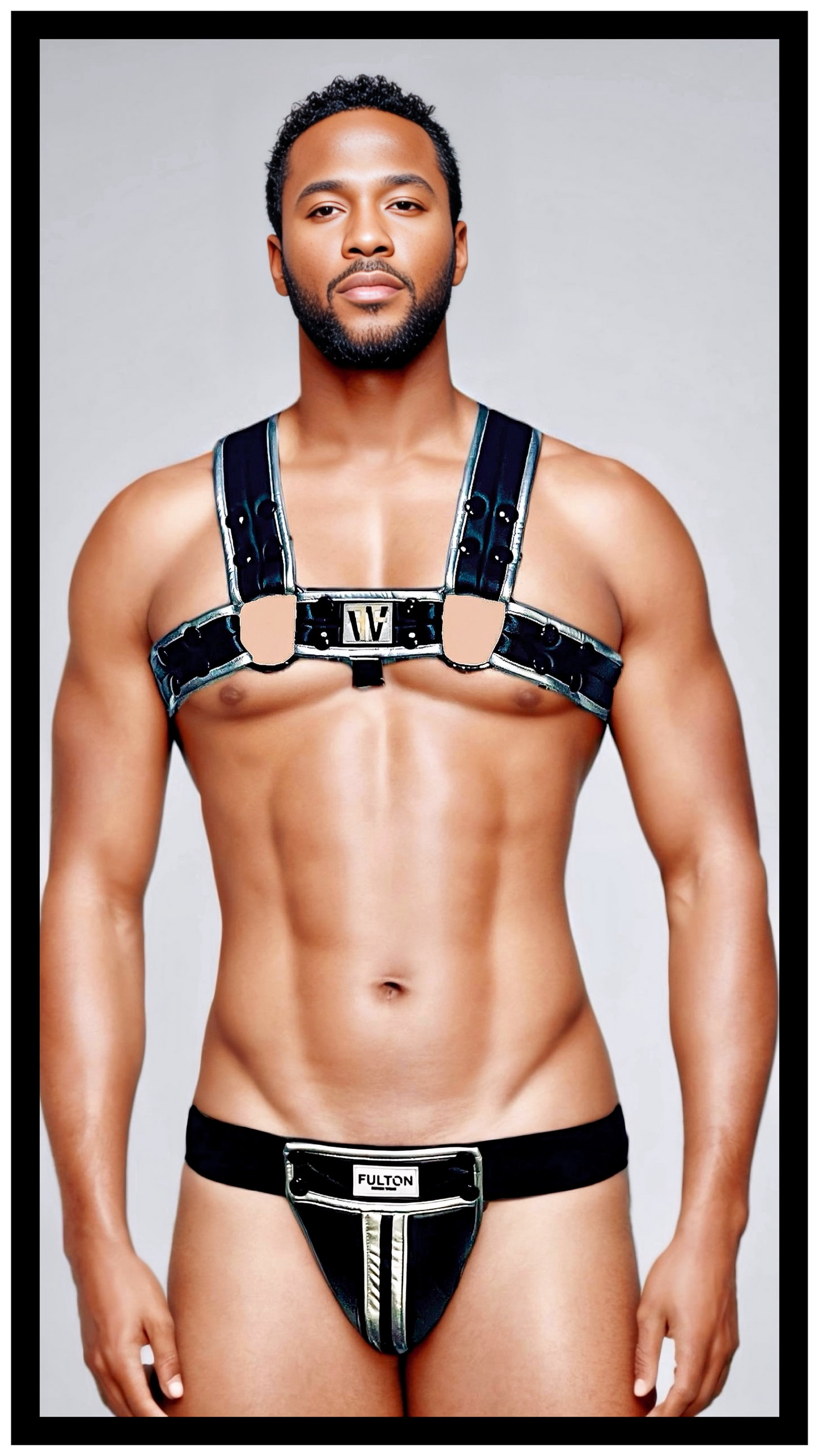 The Midnight Chrome Rebel Jockstrap in sleek chrome finish - front model view - Fulton Fetish Wear"