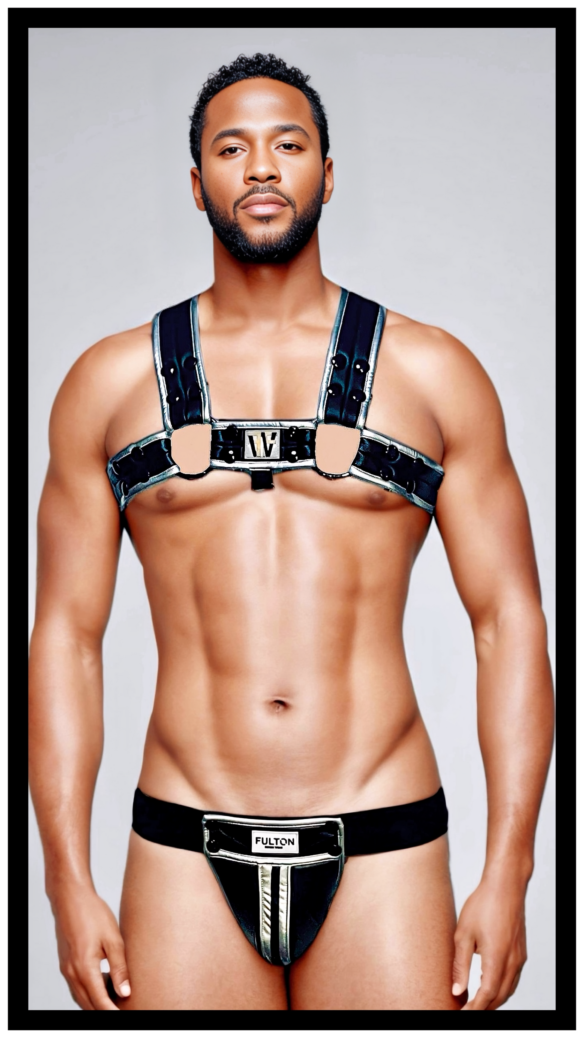 The Midnight Chrome Rebel Jockstrap in sleek chrome finish - front model view - Fulton Fetish Wear"