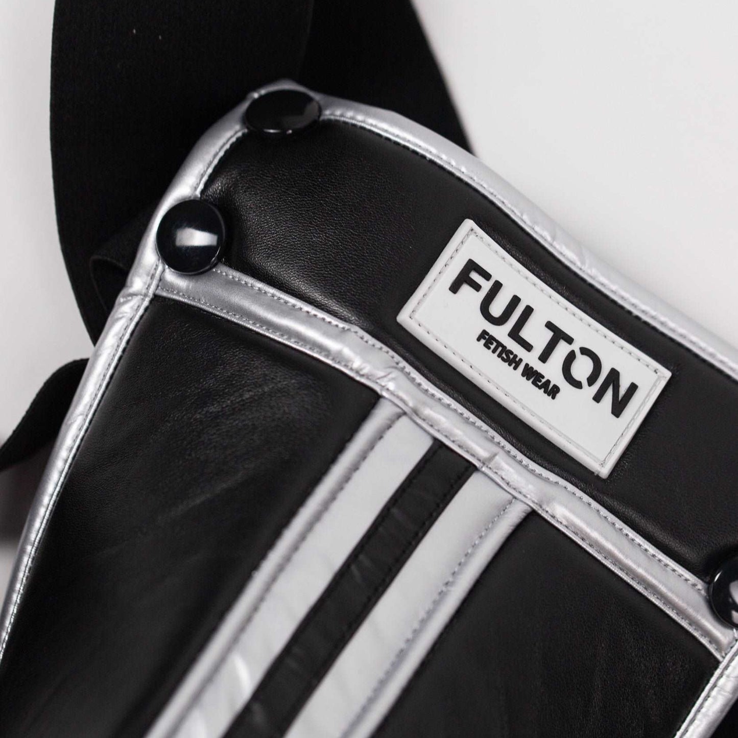 The Midnight Chrome Rebel Jockstrap in sleek chrome finish - close up detailed front view - Fulton Fetish Wear
