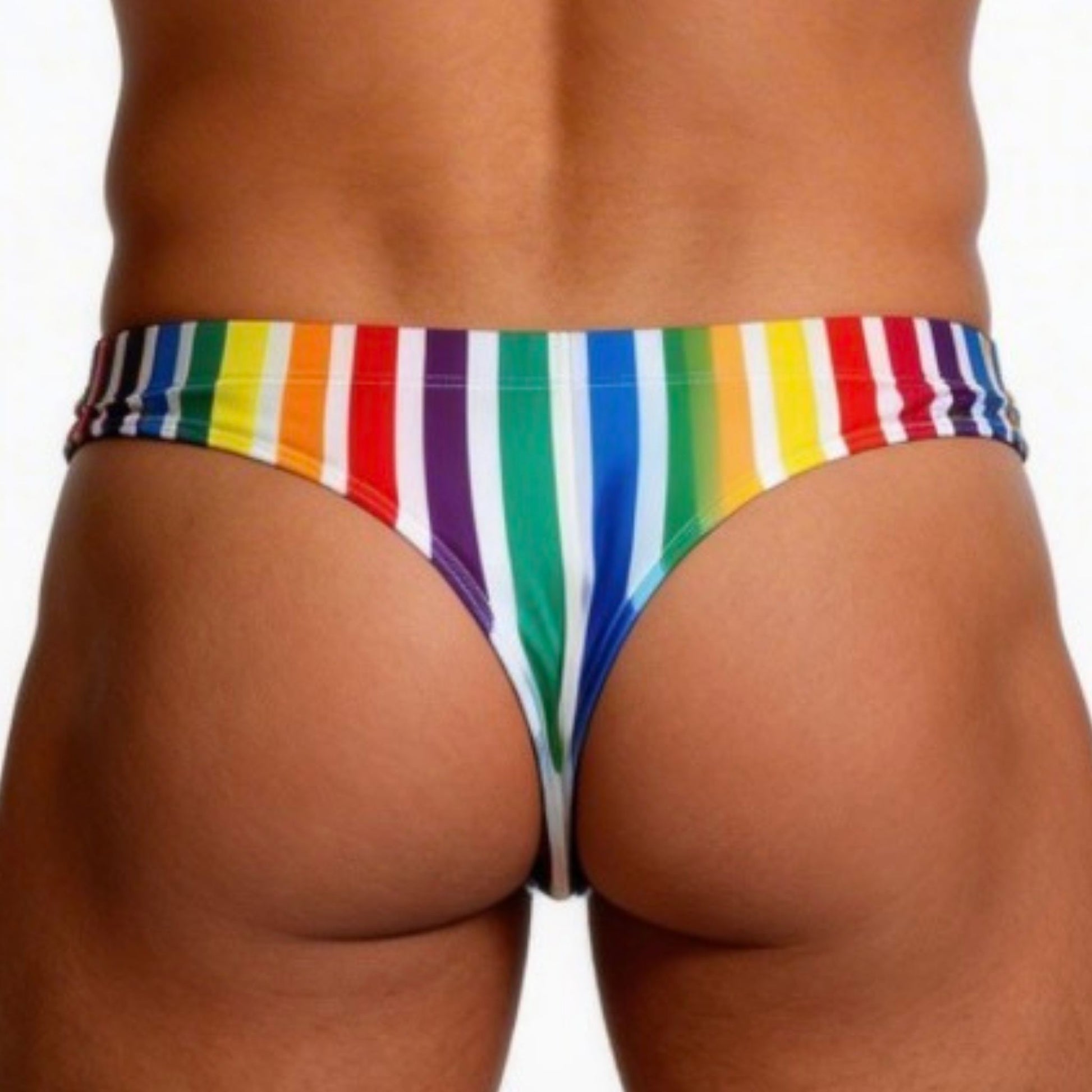 Multicolored striped thong bottom on a white background back view close up 
