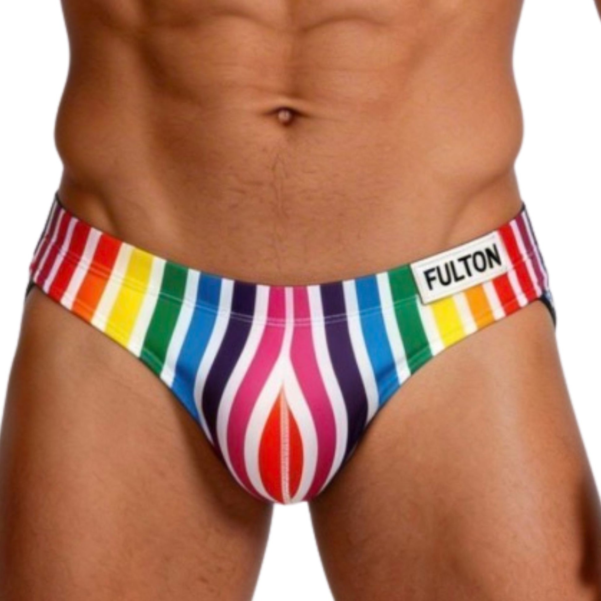 Multicolored striped thong with 'Fulton' branding  close up front view on a white background