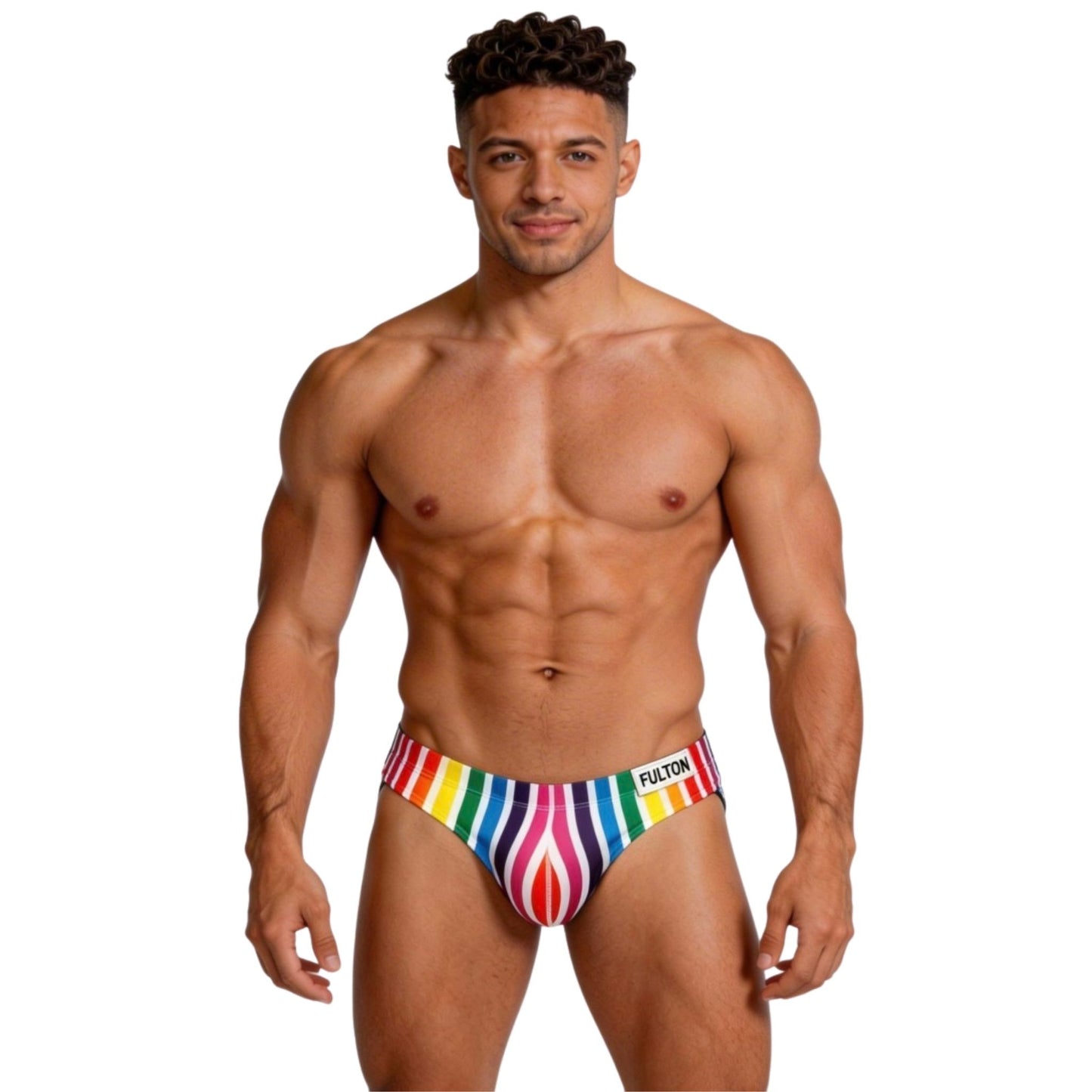 Man wearing a colorful striped thong on a white background