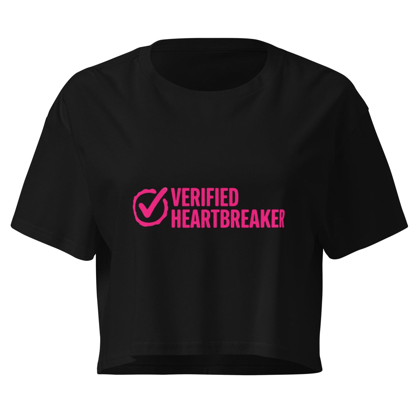 Black crop top with pink 'Verified Heartbreaker' text on a white background