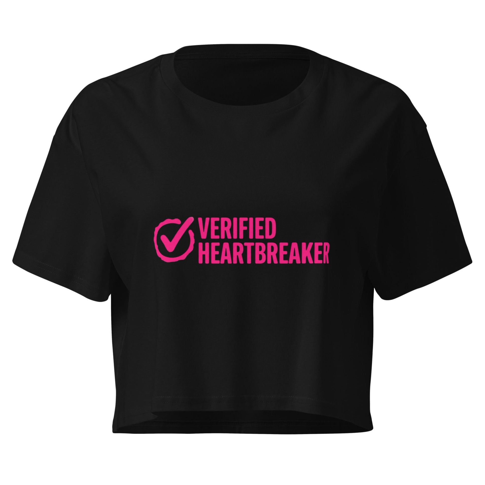 Black crop top with pink 'Verified Heartbreaker' text on a white background