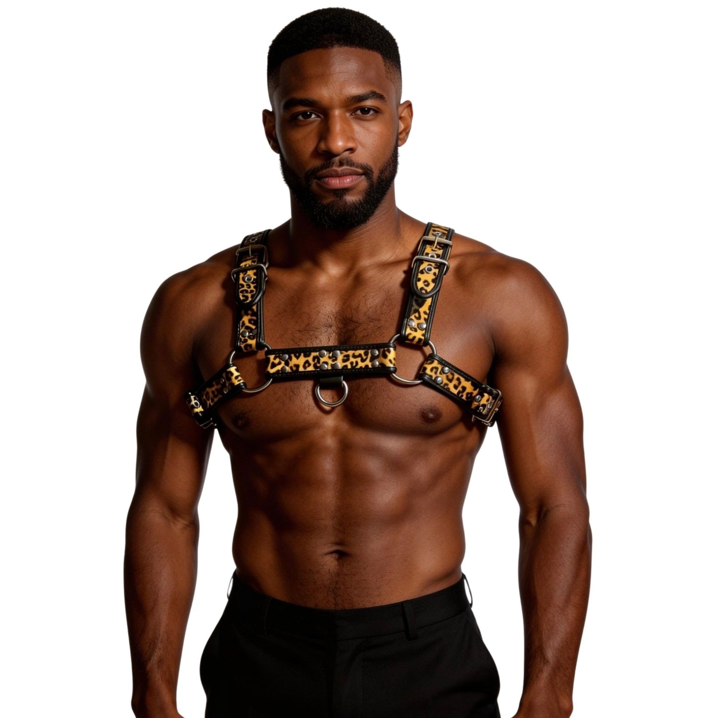 Man wearing a leopard print harness on a white background