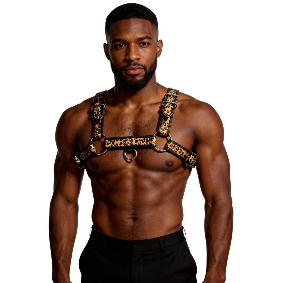 Man wearing a leopard print harness on a white background