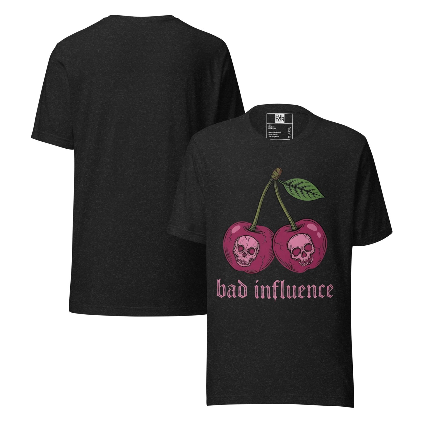 Front and Back View of the Bad influence graphic tee with skull cherries 