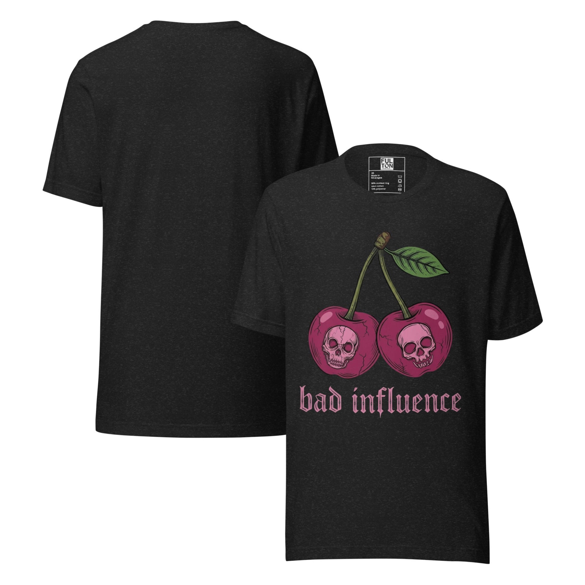 Front and Back View of the Bad influence graphic tee with skull cherries 