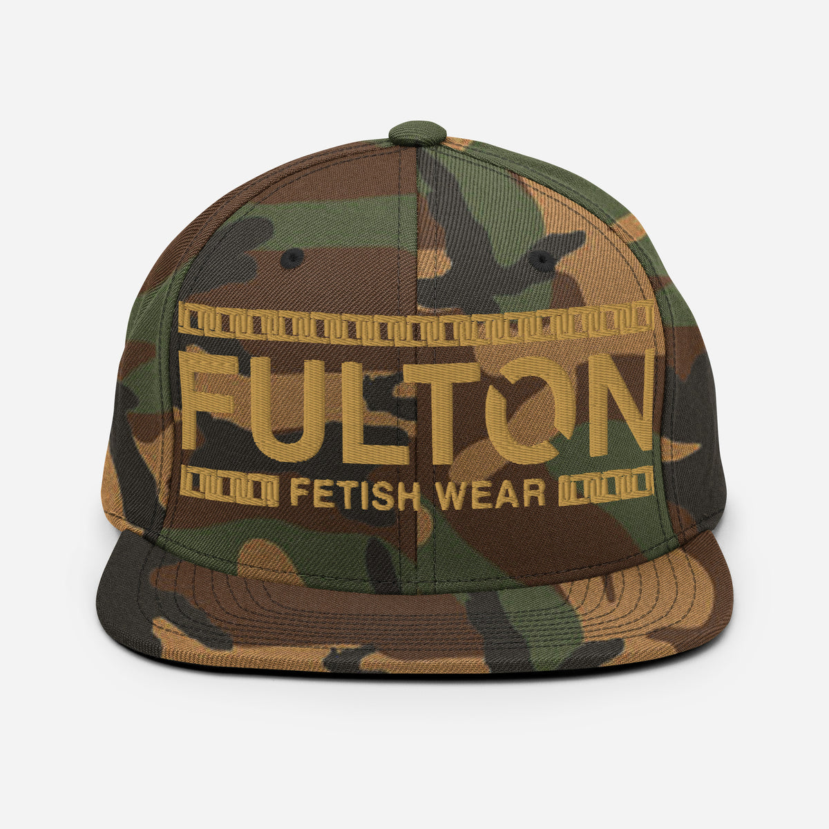 Front view of FULTON Signature Snapback 05 in green camo with gold FULTON FETISH WEAR FF Chain embroidery