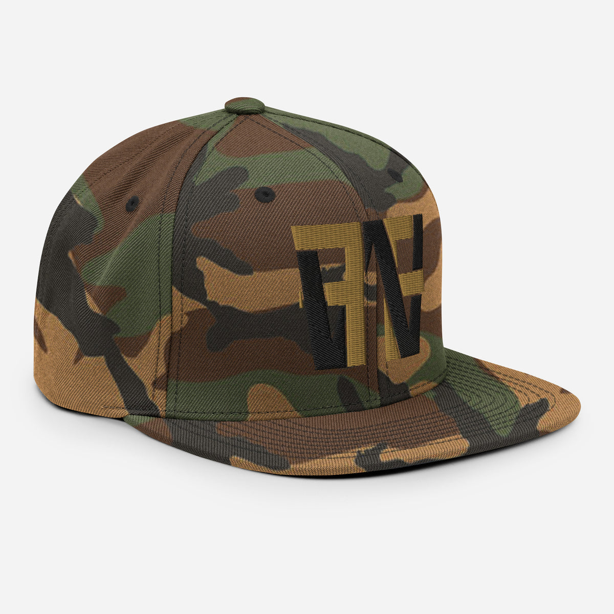 Front-right view of FULTON green camo snapback hat with gold-and-black FFW embroidery and flat brim