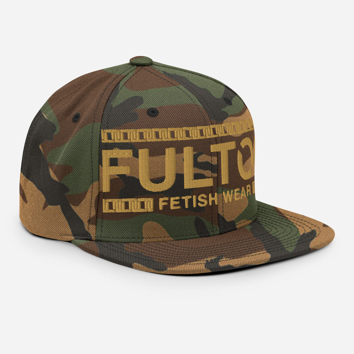 Front-right view of FULTON camo snapback showing gold FULTON FETISH WEAR chain design